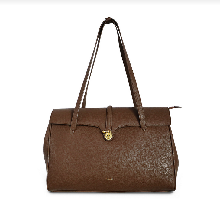 Pixie Mood Lock Tote soft vegan leather beautiful work bag, briefcase, espresso brown.